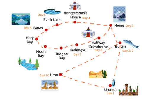 11 Days Xinjiang Ultimate Trekking Tour to Kanas Map